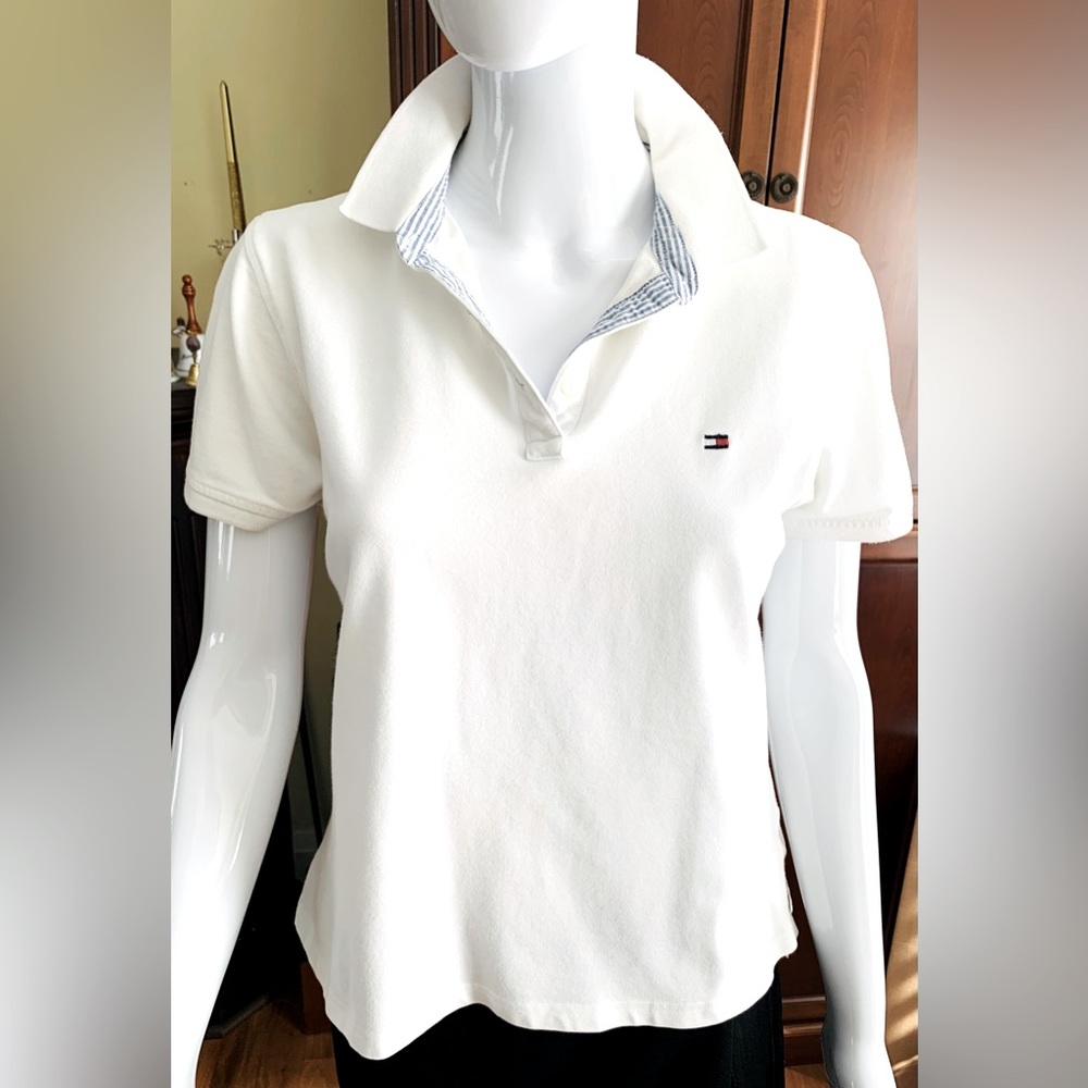 Tommy Hilfiger white cotton polo t-shirt logo blue & white striped collar lining